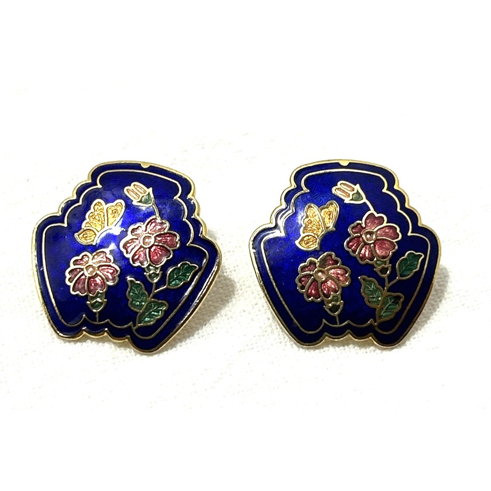 Vintage Floral Cloisonne Pierced Earrings Enamel Blue Pink Flower Butterfly 80s